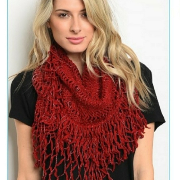 Warm Cozy Burgundy Shimmer Fringed Infinity Scarf - Picture 6 of 6